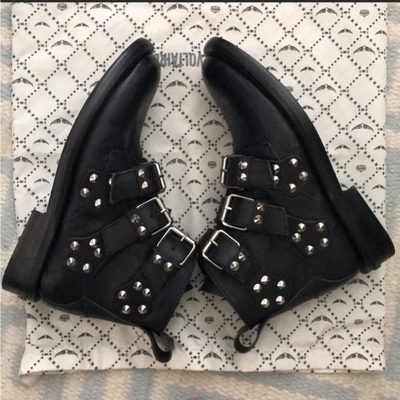 Zadig Voltaire Laureen Buckle Leather Studded Ankle Boot Black 7 - Picture 1 of 11